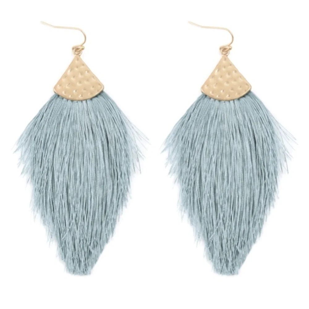 Bohemian Thread Tassel Drop Earrings Light Blue - Picture 1 of 3